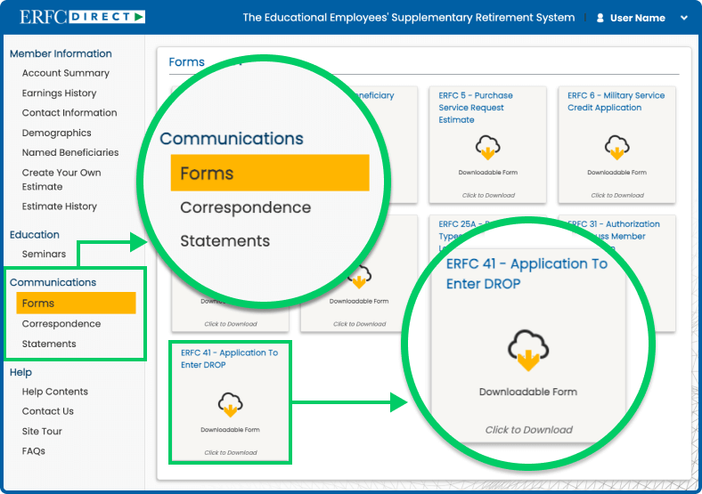 Interface of ERFCDirect Forms Section