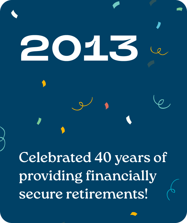 2013: Celebrated 40 years of providing financially secure retirements.