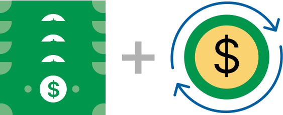 A stack of dollars plus dollar sign surrounded by circular arrows