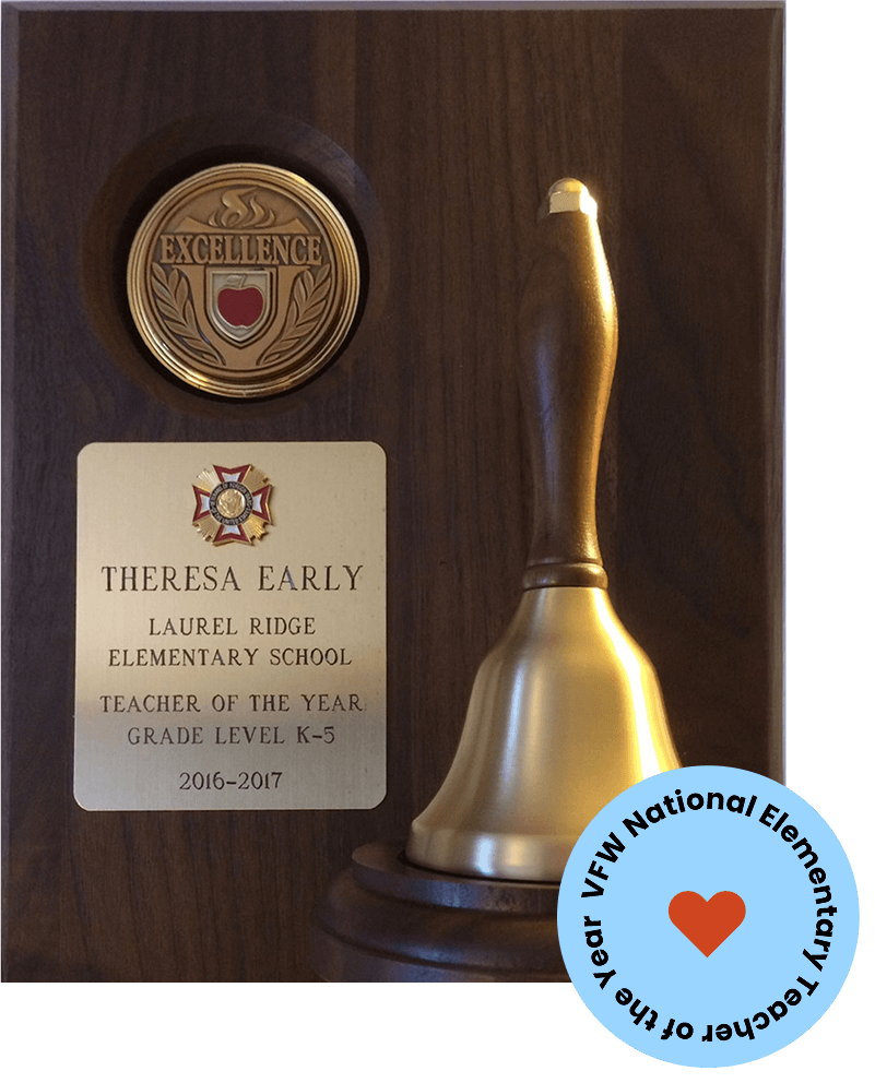 Award plaque with a gold handbell, excellence medallion, and engraved text honoring Theresa Early as 2016–2017 Teacher of the Year for K–5.