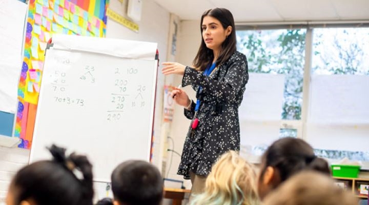 Young female teacher teaching in a classroom